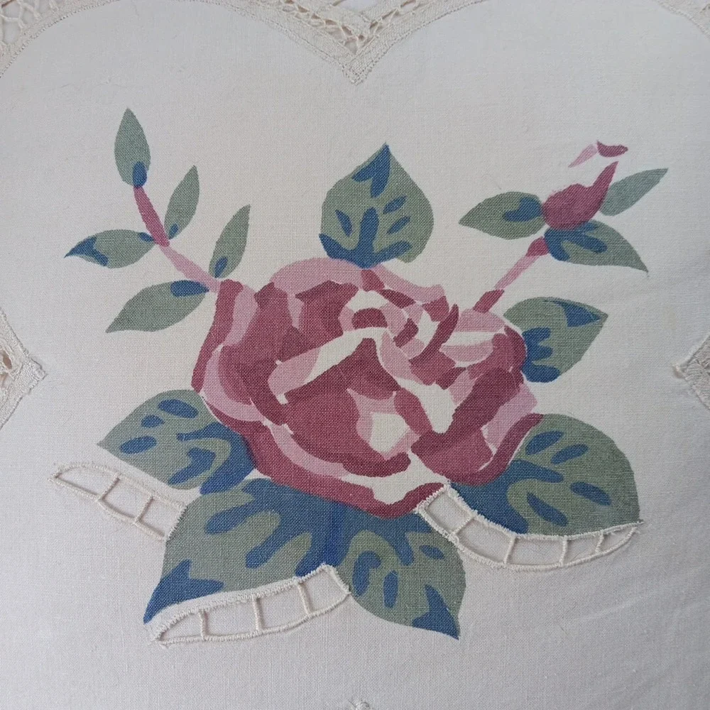 Romantic Pillow LINEN Cotton Cutwork Rose Enter Beige Ruffle Prairie Cottagecore - Picture 3 of 8